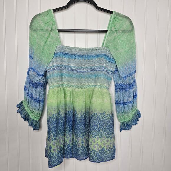 Hale Bob Women's Brittany Smocked Top Size Medium Smocked Vacation Green Blue - Picture 15 of 16